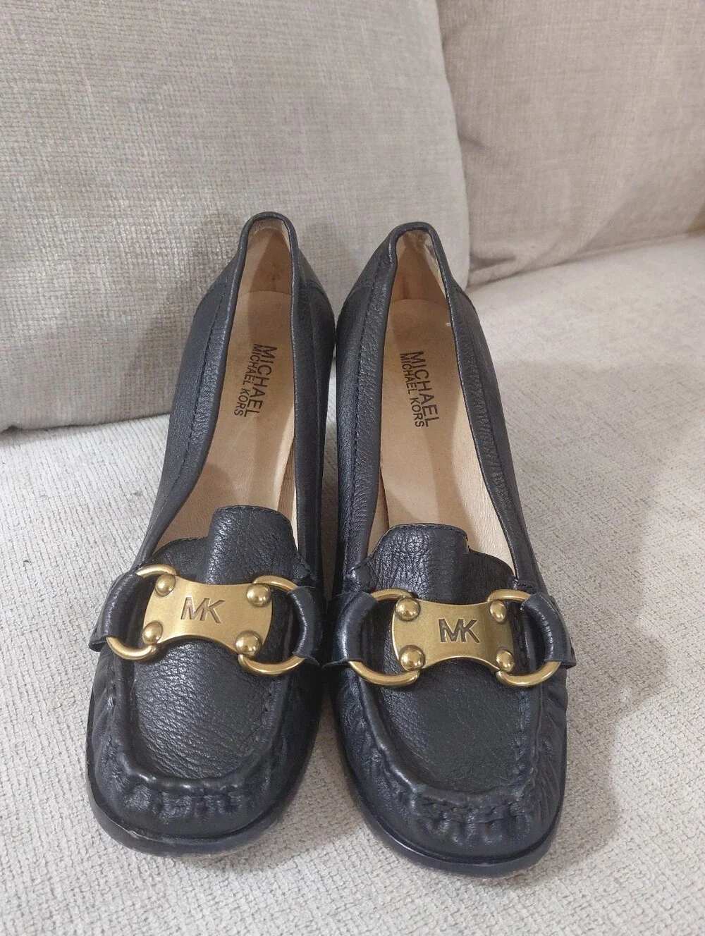Michael Kors Black Leather Horse Bit Logo Wedges Size 8.5